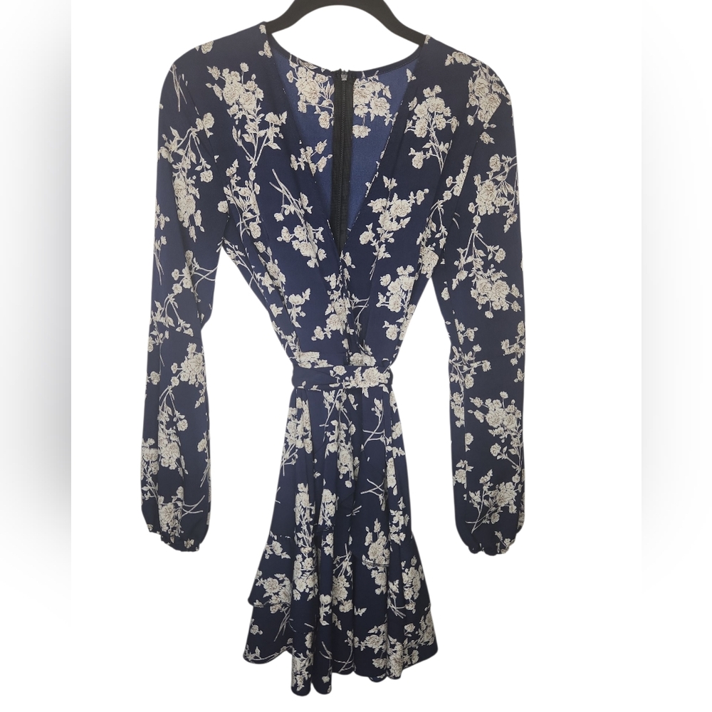 Navy Dark Blue Floral Flirty Faux Wrap Fabric Belt Long Sleeve Dress Size M
